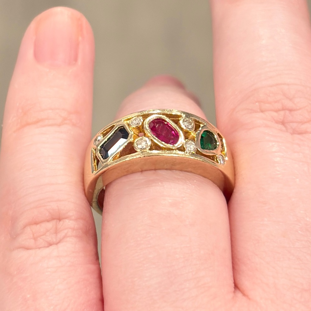 Vintage 14K Natural Precious Gemstone Ring Ruby Sapphire Emerald Diamond 7.5 - Picture 3 of 17